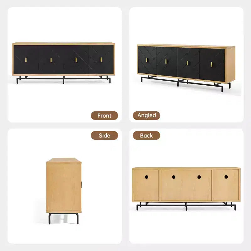 Meuble TV moderne noir de 188 cm pour centre de divertissement, grande console média avec 4 passe-câbles, base en métal pour salon - Morden Fort