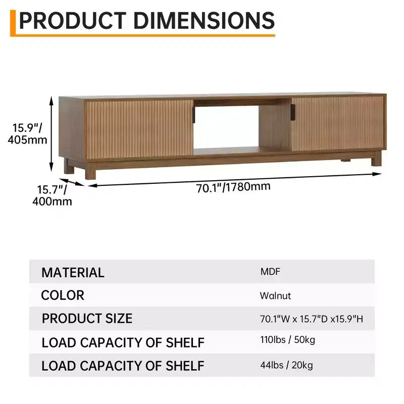 Meuble TV cannelé CuisinSmart, Meuble TV moderne du milieu du siècle avec étagère ouverte, Meuble TV en bois pour salon, Noyer