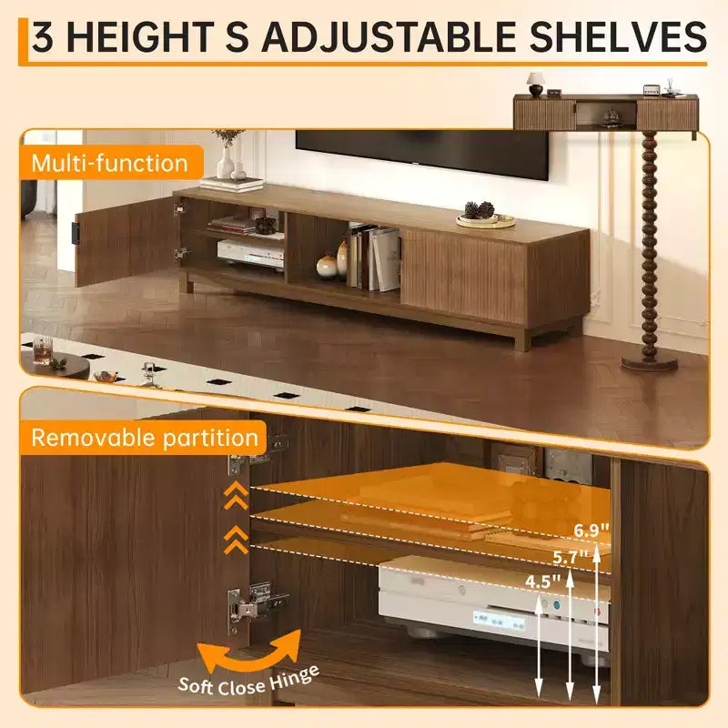 Meuble TV cannelé CuisinSmart, Meuble TV moderne du milieu du siècle avec étagère ouverte, Meuble TV en bois pour salon, Noyer