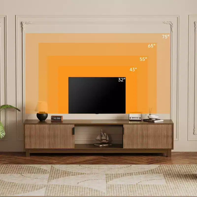 Meuble TV cannelé CuisinSmart, Meuble TV moderne du milieu du siècle avec étagère ouverte, Meuble TV en bois pour salon, Noyer