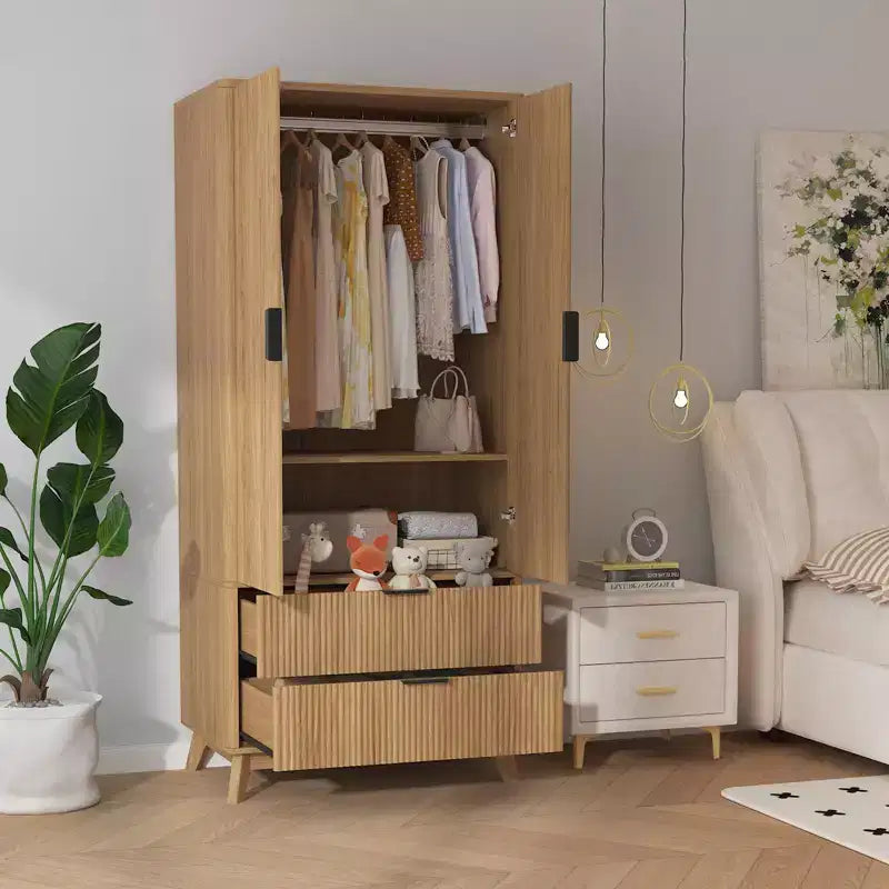 Armoire penderie en bois de 71 po avec 2 portes, tringle à vêtements, étagère réglable et 2 tiroirs, armoire de rangement autoportante pour chambre ou salle de sport