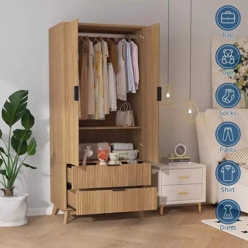 Armoire penderie en bois de 71 po avec 2 portes, tringle à vêtements, étagère réglable et 2 tiroirs, armoire de rangement autoportante pour chambre ou salle de sport