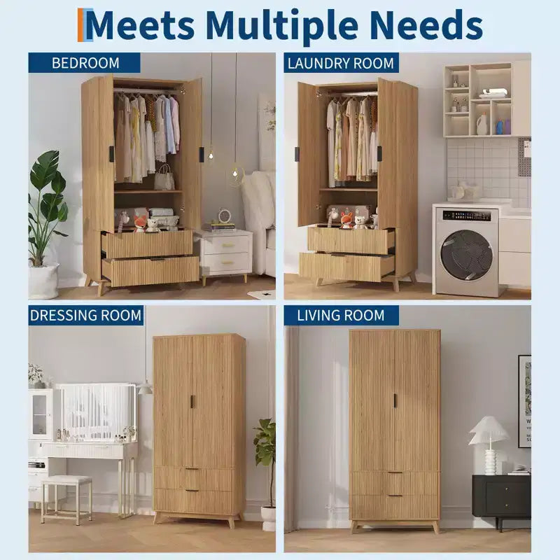 Armoire penderie en bois de 71 po avec 2 portes, tringle à vêtements, étagère réglable et 2 tiroirs, armoire de rangement autoportante pour chambre ou salle de sport