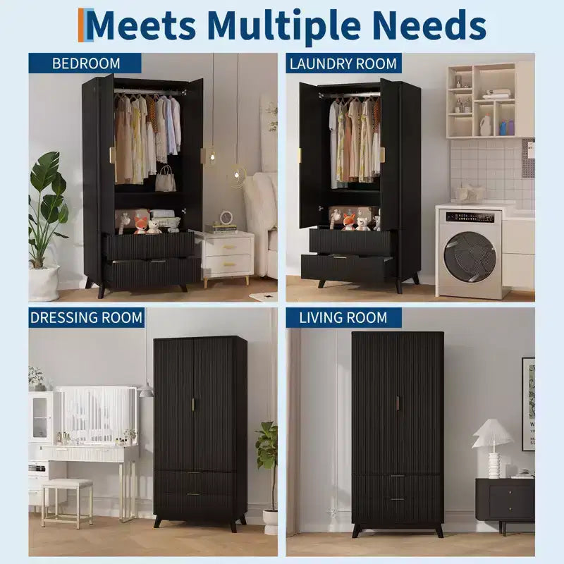 Armoire penderie en bois de 71 po avec 2 portes, tringle à vêtements, étagère réglable et 2 tiroirs, armoire de rangement autoportante pour chambre ou salle de sport