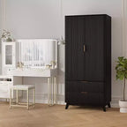 71 Wood Wardrobe Armoire with 2 Doors, Hanging Rod, Adjustable Shelf & 2 Drawers, Freestanding Bedroom Gym Closet Cabinet