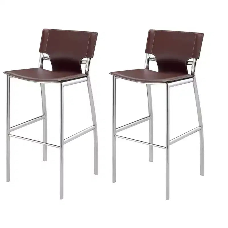 HomeRoots Set of Two 25 Brown and Silver Faux Leather and Metal Low Back Counter Height Bar Chairs