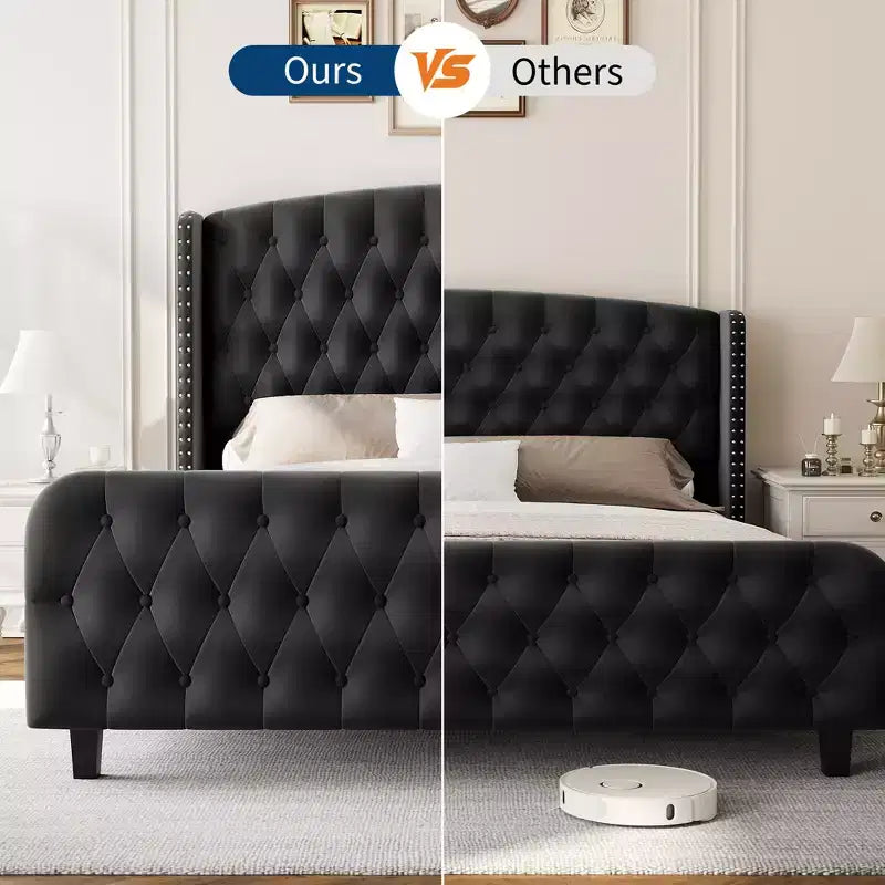 Cadre de lit plateforme avec tête et pied de lit hauts de 130 cm en daim capitonné profond et à oreilles, garniture cloutée, lattes en bois robustes, silencieux, pas besoin de sommier tapissier