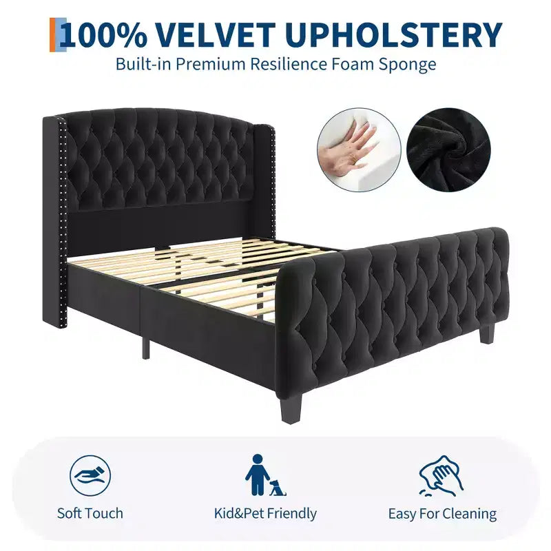 Cadre de lit plateforme avec tête et pied de lit hauts de 130 cm en daim capitonné profond et à oreilles, garniture cloutée, lattes en bois robustes, silencieux, pas besoin de sommier tapissier