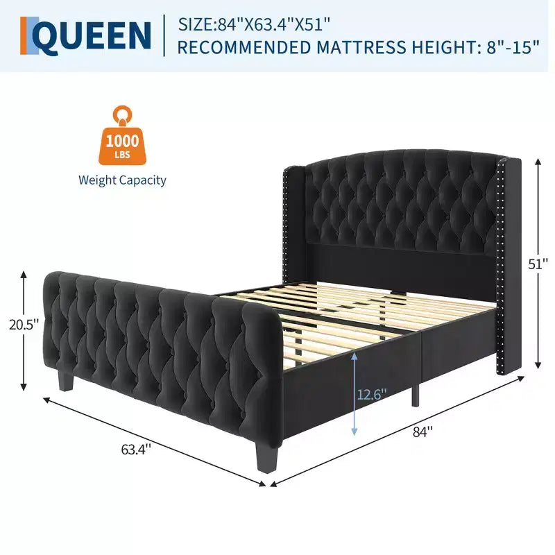 Cadre de lit plateforme avec tête et pied de lit hauts de 130 cm en daim capitonné profond et à oreilles, garniture cloutée, lattes en bois robustes, silencieux, pas besoin de sommier tapissier