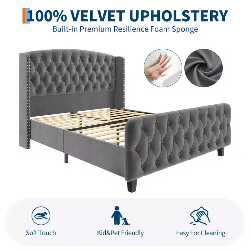 Cadre de lit plateforme avec tête et pied de lit hauts de 130 cm en daim capitonné profond et à oreilles, garniture cloutée, lattes en bois robustes, silencieux, pas besoin de sommier tapissier