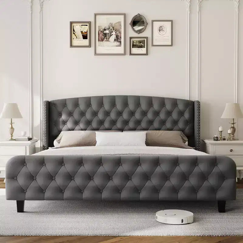 Platform Bed Frame with 51'' Tall Deep Button Tufted Suede Wingback Headboard & Footboard  Nailhead Trim, Sturdy Wood Slats,Noise-Free,No Box Needed