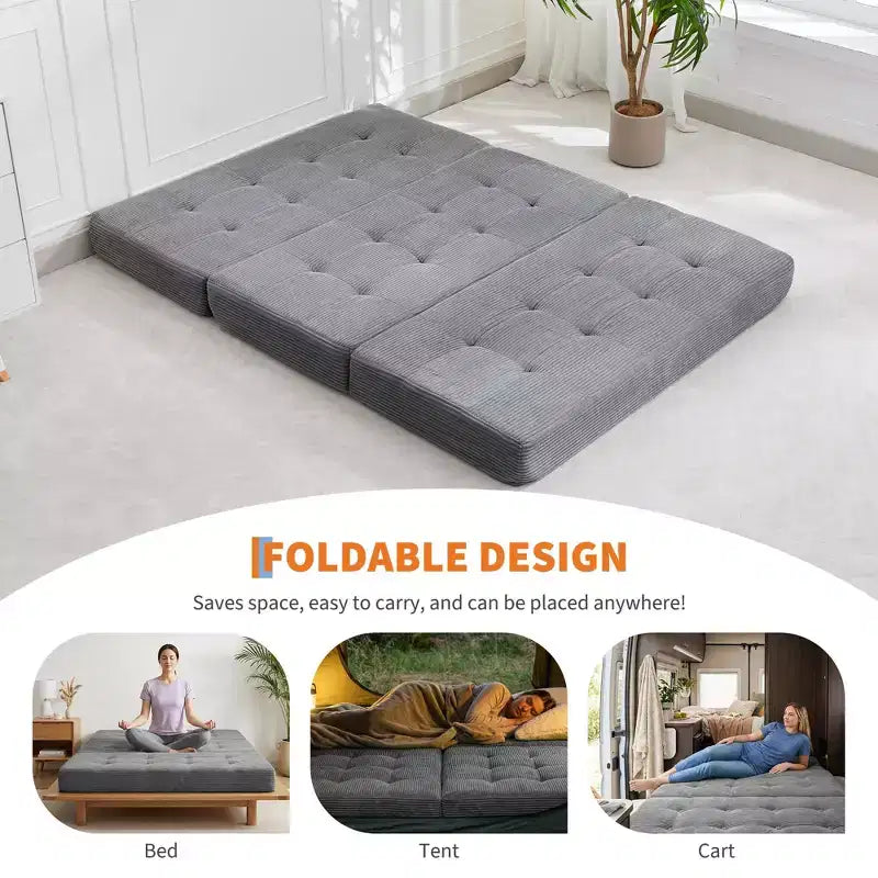 Matelas pliable en mousse 75x54,3 6 à trois volets, matelas d'appoint de sol pour canapé-lit en velours côtelé capitonné, portable et de soutien pour la maison et le camping