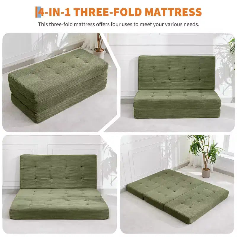 Matelas pliable en mousse 75x54,3 6 à trois volets, matelas d'appoint de sol pour canapé-lit en velours côtelé capitonné, portable et de soutien pour la maison et le camping