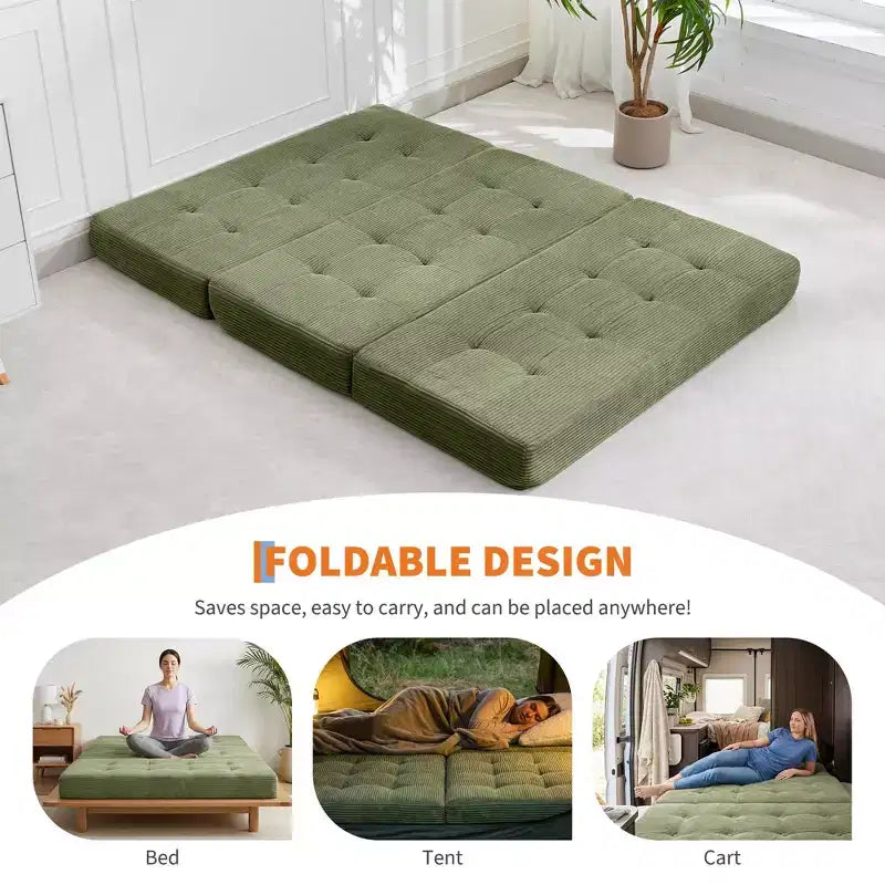 Matelas pliable en mousse 75x54,3 6 à trois volets, matelas d'appoint de sol pour canapé-lit en velours côtelé capitonné, portable et de soutien pour la maison et le camping