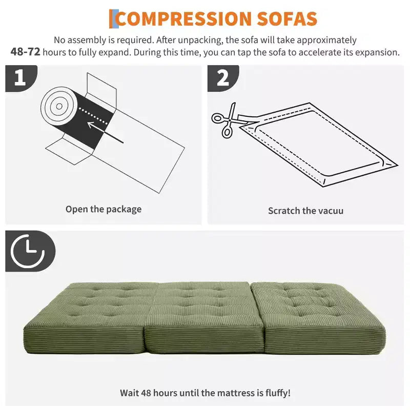 Matelas pliable en mousse 75x54,3 6 à trois volets, matelas d'appoint de sol pour canapé-lit en velours côtelé capitonné, portable et de soutien pour la maison et le camping