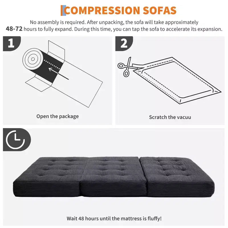 Matelas pliable en mousse 75x54,3 6 à trois volets, matelas d'appoint de sol pour canapé-lit en velours côtelé capitonné, portable et de soutien pour la maison et le camping
