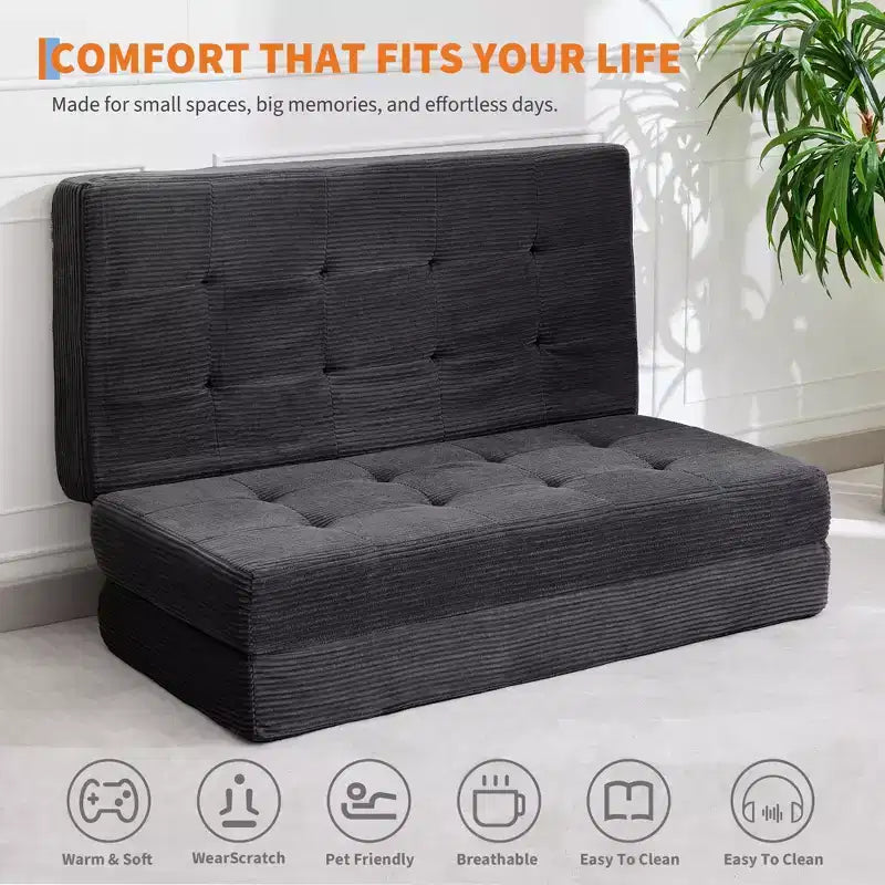 Matelas pliable en mousse 75x54,3 6 à trois volets, matelas d'appoint de sol pour canapé-lit en velours côtelé capitonné, portable et de soutien pour la maison et le camping