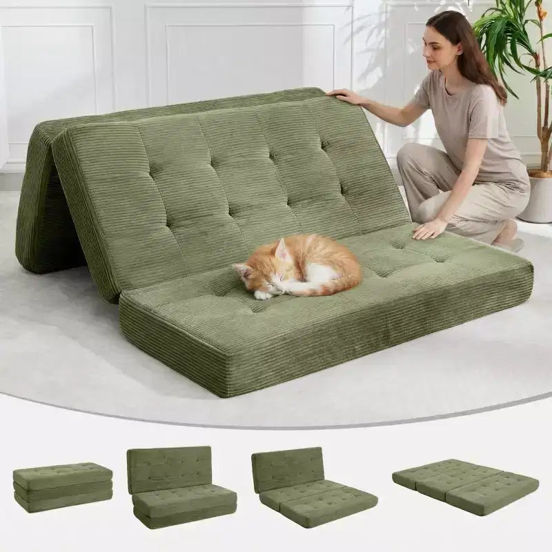 Matelas pliable en mousse 75x54,3 6 à trois volets, matelas d'appoint de sol pour canapé-lit en velours côtelé capitonné, portable et de soutien pour la maison et le camping