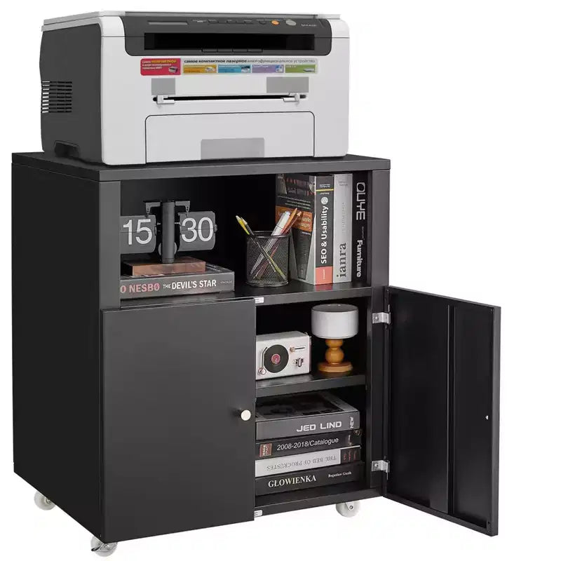 Meuble d'imprimante métallique mobile robuste avec 2 portes et étagère de rangement, support d'imprimante sous le bureau, meuble de classement roulant pour bureau à domicile, garage, atelier