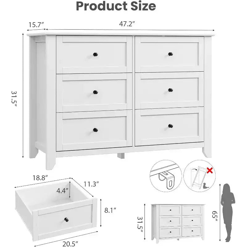 Commode en bois moderne blanche à 6 tiroirs, grande commode avec tiroirs profonds et poignées métalliques pour chambre à coucher, entrée et couloir