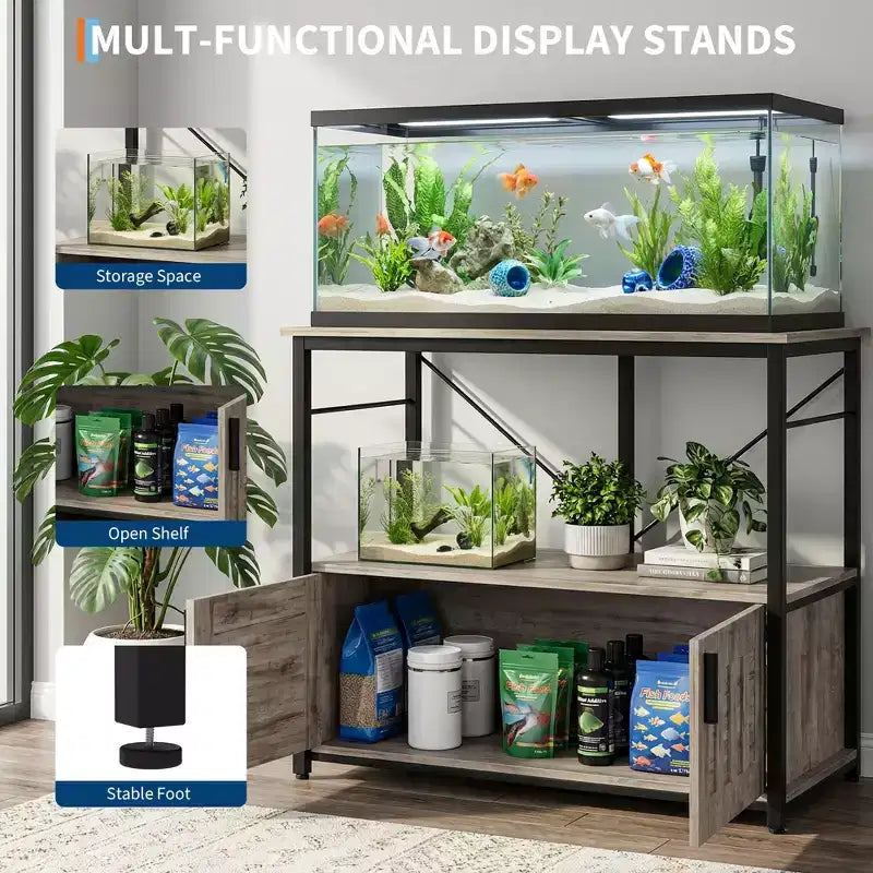 Meuble de support d'aquarium 150-190 litres, double niveau en métal et bois, capacité 300 kg, pieds réglables - Gris