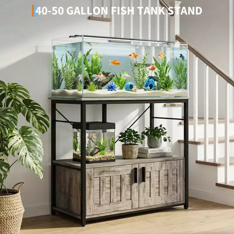 Meuble de support d'aquarium 150-190 litres, double niveau en métal et bois, capacité 300 kg, pieds réglables - Gris
