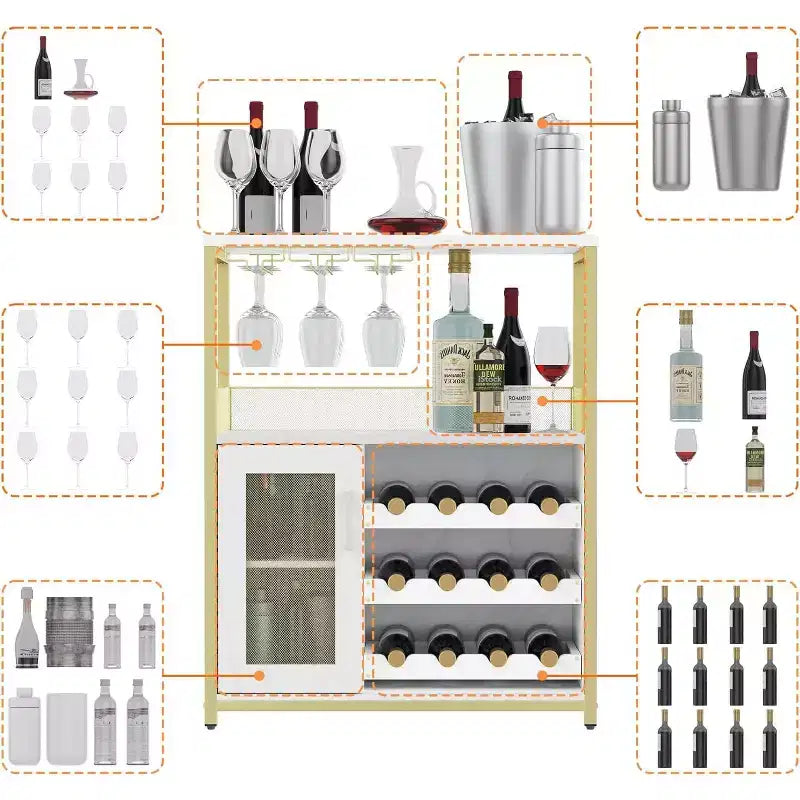 Meuble de Bar à Café et à Vins avec Porte-Bouteilles Amovible, Support à Verres, Tiroir et Porte en Maille, Buffet de Rangement pour Salle à Manger, Cuisine