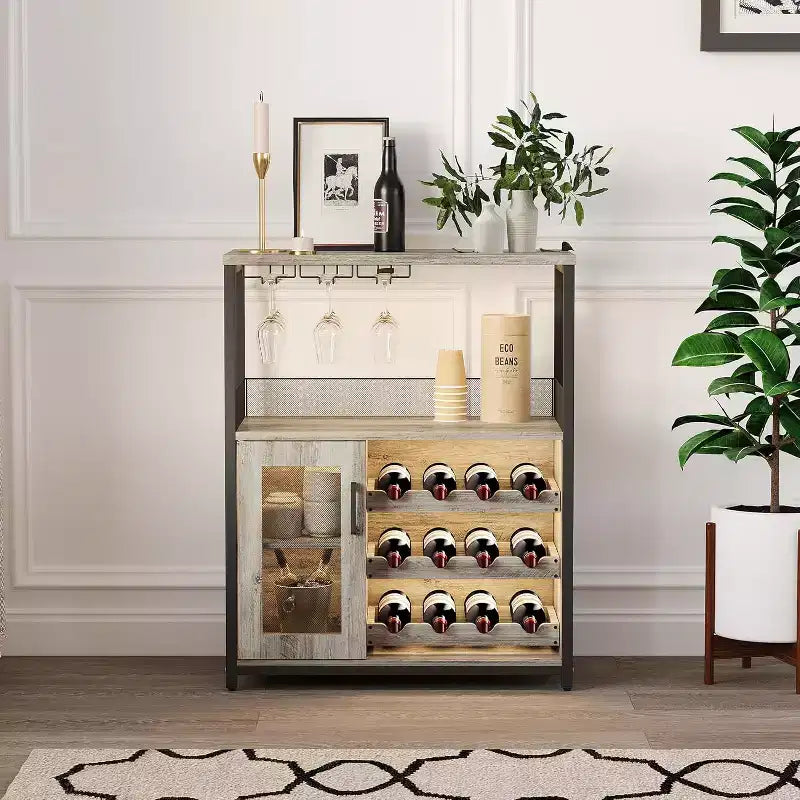 Meuble de Bar à Café et à Vins avec Porte-Bouteilles Amovible, Support à Verres, Tiroir et Porte en Maille, Buffet de Rangement pour Salle à Manger, Cuisine