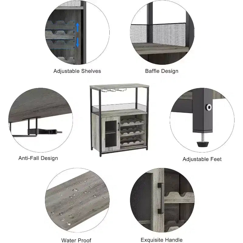 Meuble de Bar à Café et à Vins avec Porte-Bouteilles Amovible, Support à Verres, Tiroir et Porte en Maille, Buffet de Rangement pour Salle à Manger, Cuisine