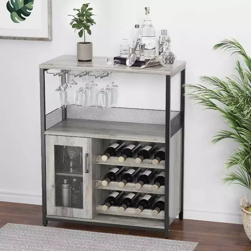 Meuble de Bar à Café et à Vins avec Porte-Bouteilles Amovible, Support à Verres, Tiroir et Porte en Maille, Buffet de Rangement pour Salle à Manger, Cuisine