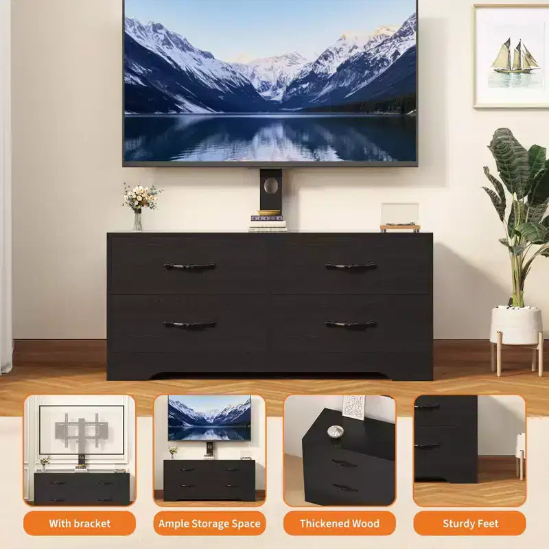 Meuble TV avec support pour téléviseurs de 32 à 75 pouces, console multimédia moderne avec 4 grands tiroirs, commode de centre de divertissement pour salon et chambre