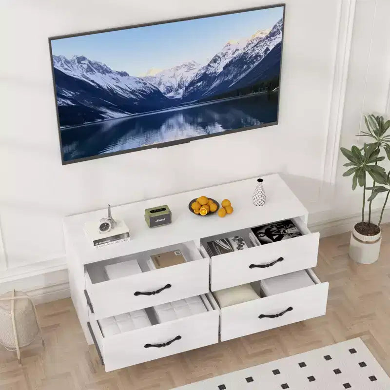 Meuble TV avec support pour téléviseurs de 32 à 75 pouces, console multimédia moderne avec 4 grands tiroirs, commode de centre de divertissement pour salon et chambre