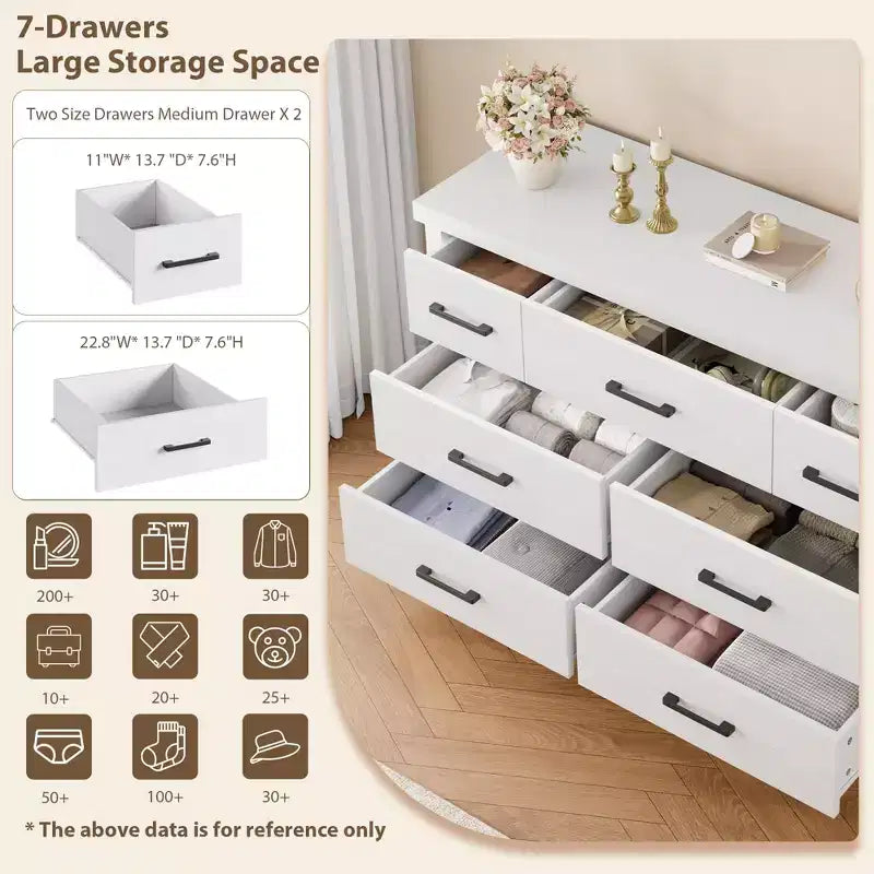 Commode en bois à 7 tiroirs pour chambre à coucher, commode de rangement de 51 cm de large, organiseur moderne en bois avec poignées métalliques pour placard, salon