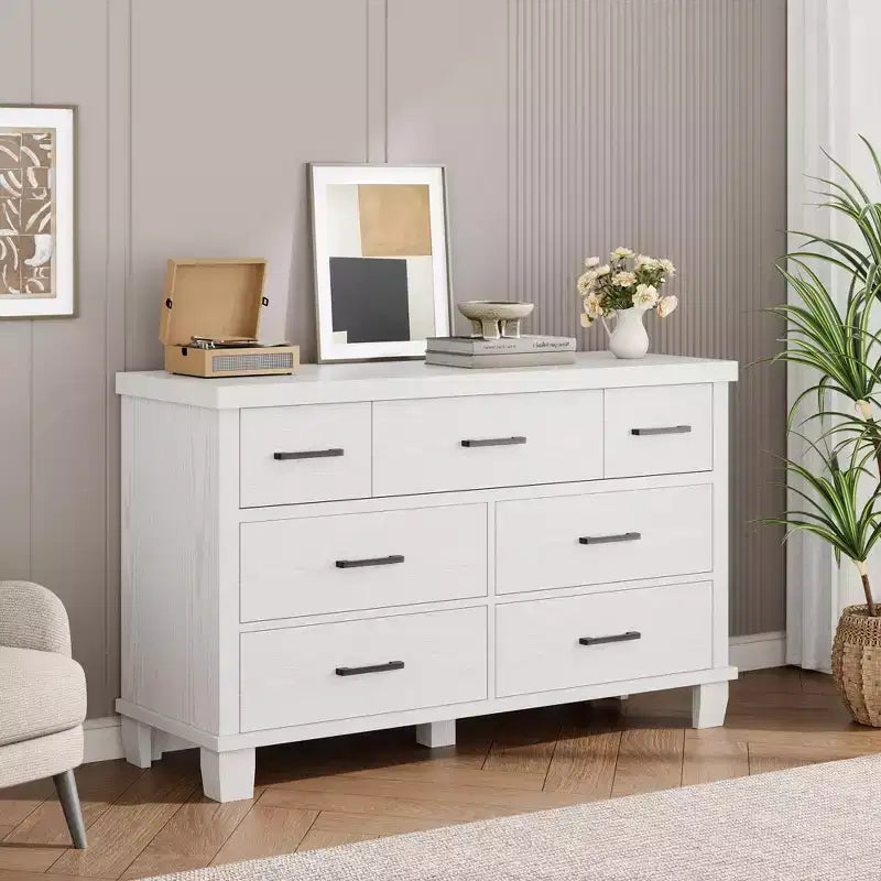 Commode en bois à 7 tiroirs pour chambre à coucher, commode de rangement de 51 cm de large, organiseur moderne en bois avec poignées métalliques pour placard, salon