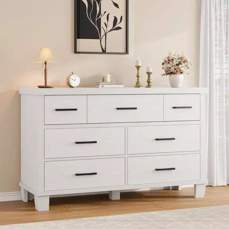 Commode en bois à 7 tiroirs pour chambre à coucher, commode de rangement de 51 cm de large, organiseur moderne en bois avec poignées métalliques pour placard, salon