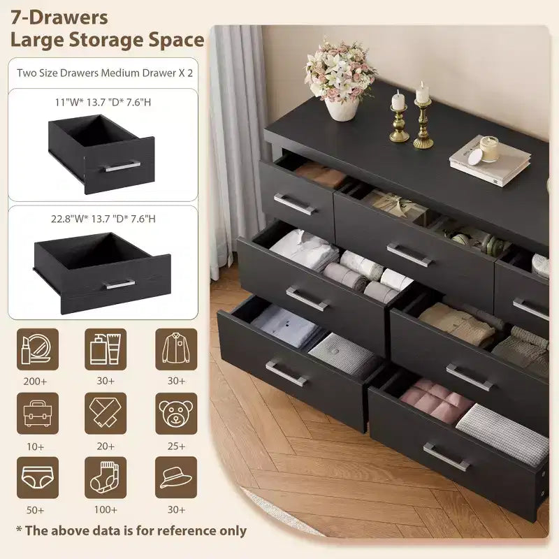 Commode en bois à 7 tiroirs pour chambre à coucher, commode de rangement de 51 cm de large, organiseur moderne en bois avec poignées métalliques pour placard, salon