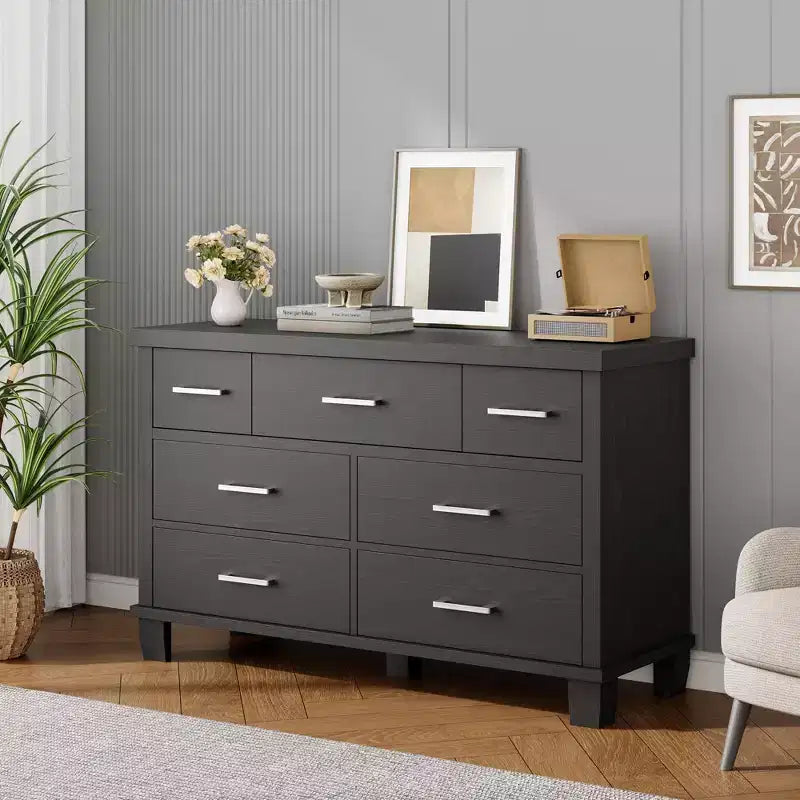 Commode en bois à 7 tiroirs pour chambre à coucher, commode de rangement de 51 cm de large, organiseur moderne en bois avec poignées métalliques pour placard, salon
