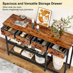 Table console de 119 cm pour entrée avec plateau en bois rustique brun industriel, 4 tiroirs de rangement en tissu et étagère porte-chaussures en maille métallique, pour hall d'entrée.