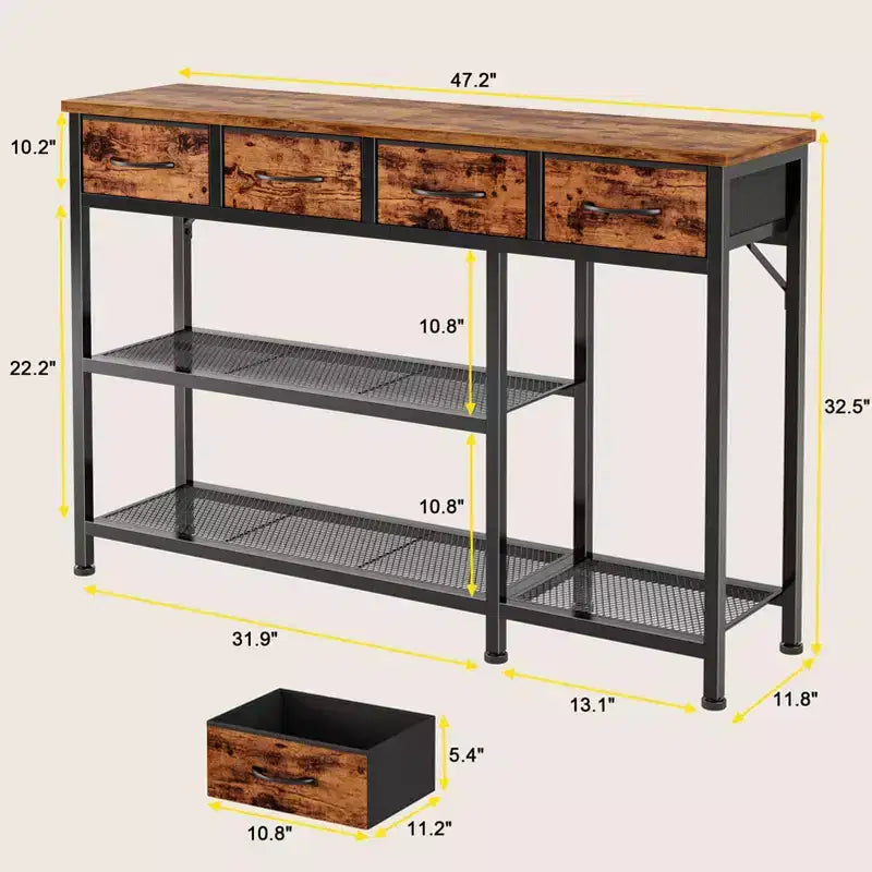 Table console de 119 cm pour entrée avec plateau en bois rustique brun industriel, 4 tiroirs de rangement en tissu et étagère porte-chaussures en maille métallique, pour hall d'entrée.