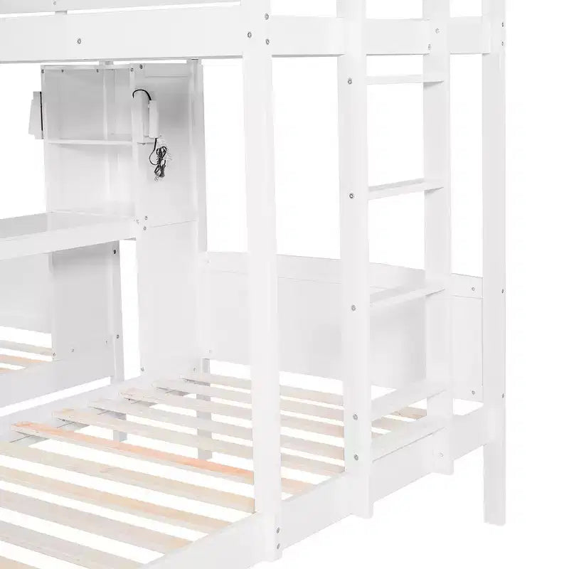 Lit superposé Whisen double/double et double avec bureau intégré et étagères de rangement, lampe de lecture, conception 3 lits en 1