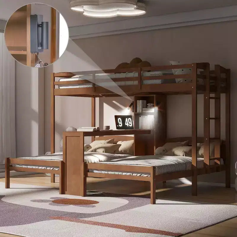 Lit superposé Whisen double/double et double avec bureau intégré et étagères de rangement, lampe de lecture, conception 3 lits en 1