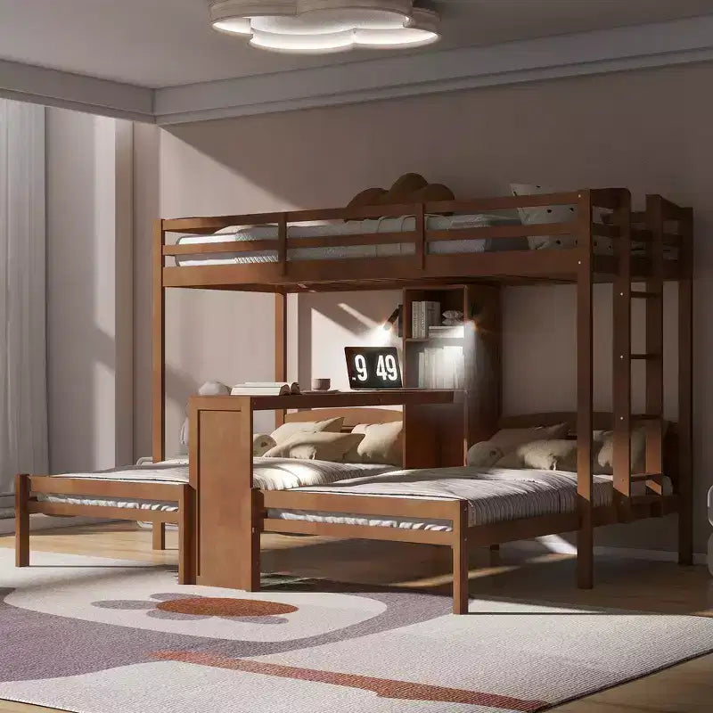 Lit superposé Whisen double/double et double avec bureau intégré et étagères de rangement, lampe de lecture, conception 3 lits en 1