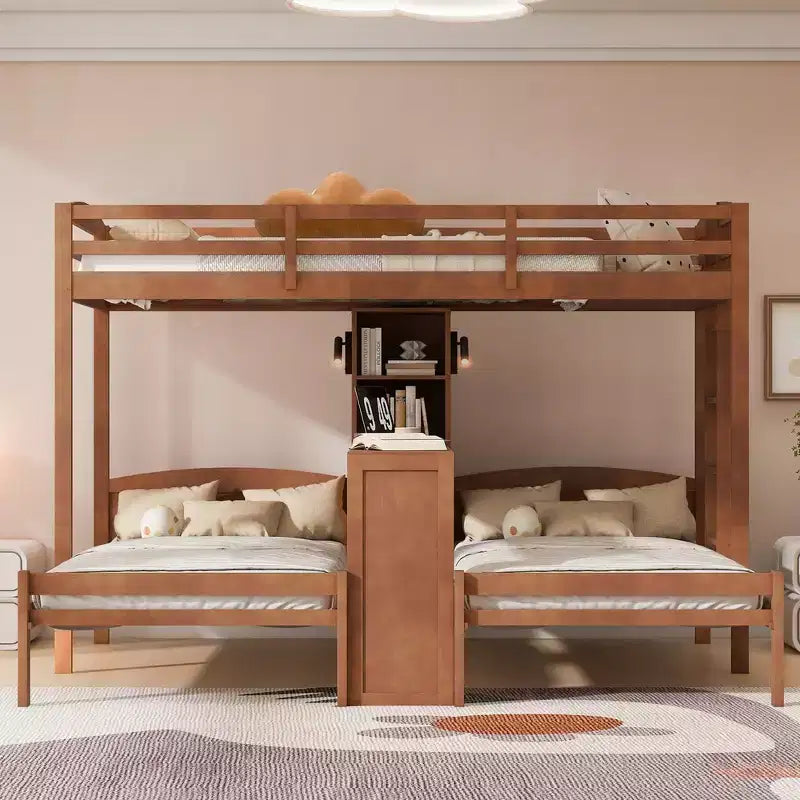 Lit superposé Whisen double/double et double avec bureau intégré et étagères de rangement, lampe de lecture, conception 3 lits en 1