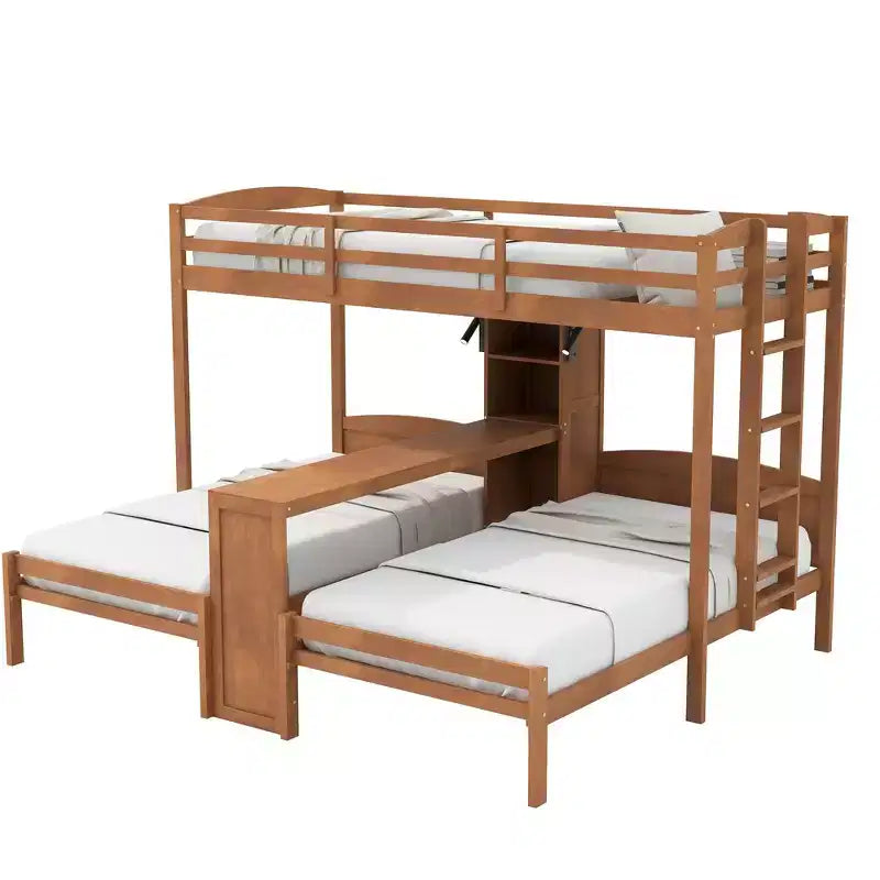 Lit superposé Whisen double/double et double avec bureau intégré et étagères de rangement, lampe de lecture, conception 3 lits en 1