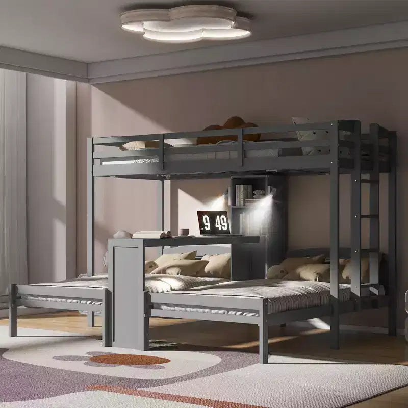 Lit superposé Whisen double/double et double avec bureau intégré et étagères de rangement, lampe de lecture, conception 3 lits en 1