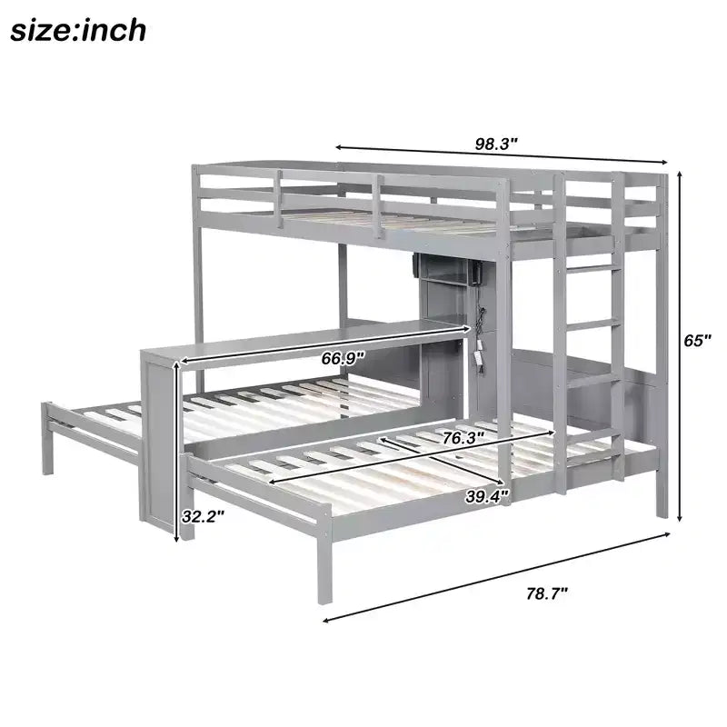 Lit superposé Whisen double/double et double avec bureau intégré et étagères de rangement, lampe de lecture, conception 3 lits en 1