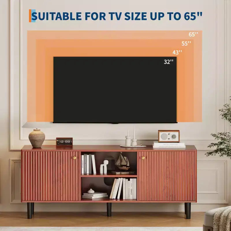 Meuble TV cannelé Garvee pour téléviseurs jusqu'à 65 pouces, meuble de divertissement en bois de style Mid-Century de 55 pouces de long avec 2 portes de rangement et étagère réglable