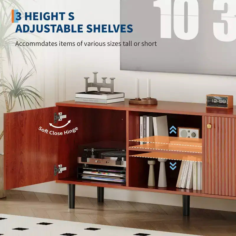 Meuble TV cannelé Garvee pour téléviseurs jusqu'à 65 pouces, meuble de divertissement en bois de style Mid-Century de 55 pouces de long avec 2 portes de rangement et étagère réglable