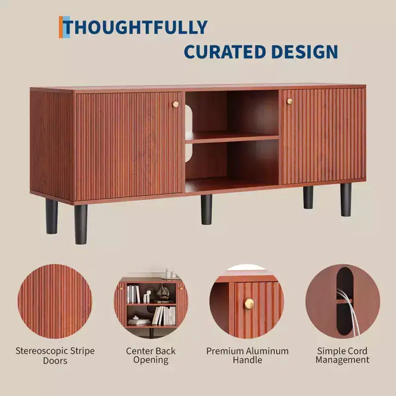 Meuble TV cannelé Garvee pour téléviseurs jusqu'à 65 pouces, meuble de divertissement en bois de style Mid-Century de 55 pouces de long avec 2 portes de rangement et étagère réglable