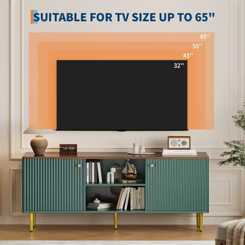 Meuble TV cannelé Garvee pour téléviseurs jusqu'à 65 pouces, meuble de divertissement en bois de style Mid-Century de 55 pouces de long avec 2 portes de rangement et étagère réglable